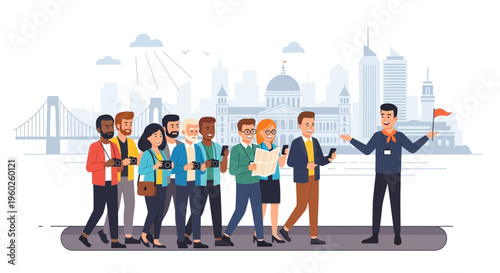 Engaging City Tour Group Exploring Urban Attractions with Guide