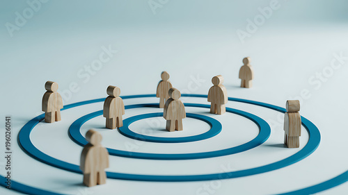 Wooden figures arranged in a winding circular blue path representing connection and collaborative journeys