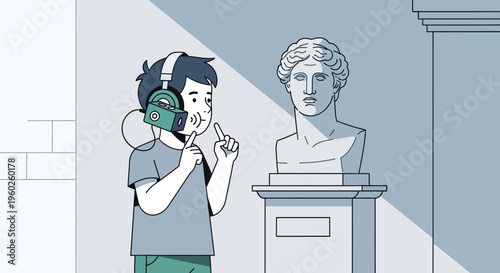 Engaging Museum Visitor With Audio Guide Learning About Ancient Sculpture