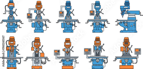 Industrial milling machine vector collection with vertical and horizontal CNC drilling equipment, precision metalworking machinery for manufacturing, engineering workshop and factory production