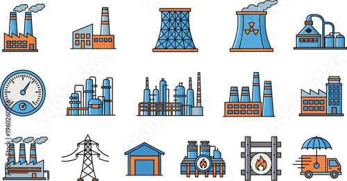 Industrial power plant and factory infrastructure vector icon set with cooling towers, refinery units, electric transmission lines and energy production facilities