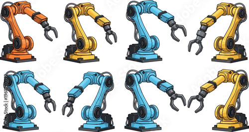 Industrial robotic arm manipulator vector set for factory automation, mechanical robot arms used in manufacturing production lines, engineering technology and smart industry systems