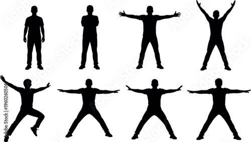 Male body silhouette poses set showing standing, stretching, jumping and wide stance positions, active man movement and fitness posture collection isolated on white background