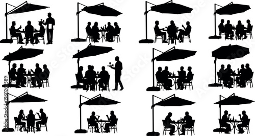Outdoor restaurant cafe dining silhouettes collection with people sitting under umbrella, waiter serving food and drinks, social gathering scenes isolated on white background