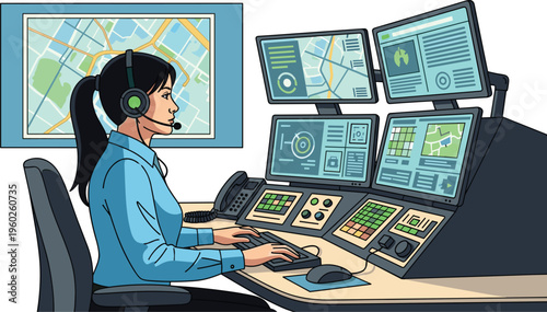 Control Room Operator Monitoring Multiple Screens Illustration with Dispatcher Workstation Surveillance Systems Digital Interface and Command Center Operations Technology Vector Design