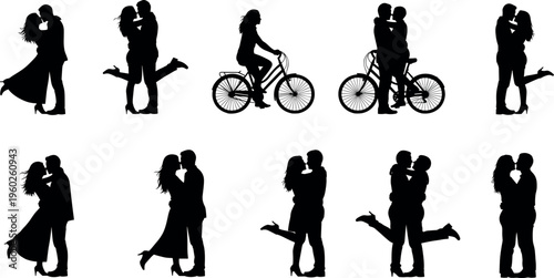 Romantic couple and bicycle silhouettes collection with kissing, hugging and cycling poses isolated on white background, love relationship and lifestyle concept illustration set