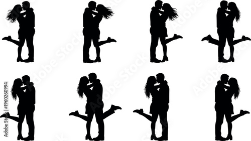 Romantic couple kissing silhouettes collection with man lifting woman isolated on white background, love, relationship and romantic moment concept for Valentine design illustration
