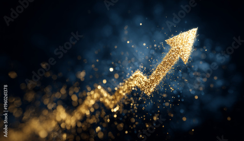 Golden upward-pointing arrow symbolizing growth and progress with sparkling glitter texture