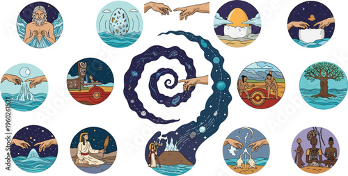 Creation Myth Cosmic Origin Story Illustration Set with Universe Spiral Divine Hands Ancient Symbols Nature Elements and Mythological Scenes Spiritual Creation Concept Vector Collection