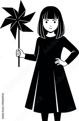 Silhouette of little girl holding pinwheel toy with dress and bob haircut, cute child character illustration isolated on white background