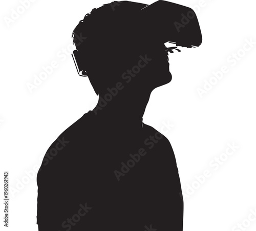 Silhouette of a young man wearing virtual reality goggles on a white background futuristic vr technology concept