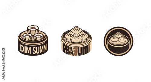 Set of 3 Dim Sum Icons: Steamed Dumplings in Bamboo Baskets