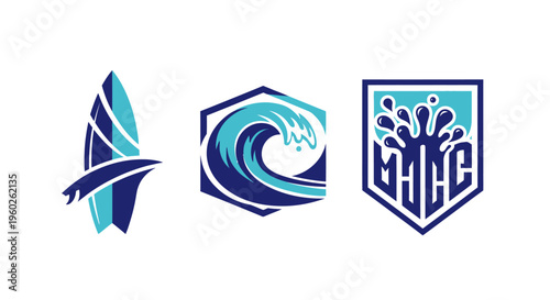 Surfboard, Wave and Splash Logos - Water Sports and Recreation Icons
