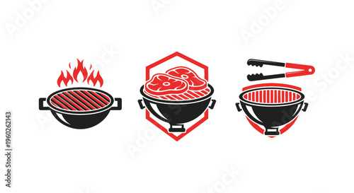 Barbecue grill icons: hot grill, steak cooking, and tongs on white background