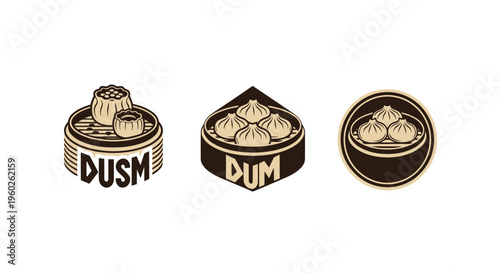 Set of three pixel art dim sum icons: steamed dumplings in bamboo baskets and bowls.