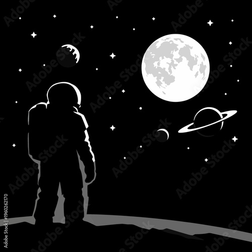 Minimalist silhouette of a male astronaut in a spacesuit looking at the moon and distant planets