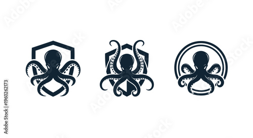 Octopus Logo Set: Shield, Emblem, Circle - Dark Blue Nautical Icons