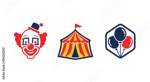 Circus Icons: Clown Face, Tent, and Balloons on White Background