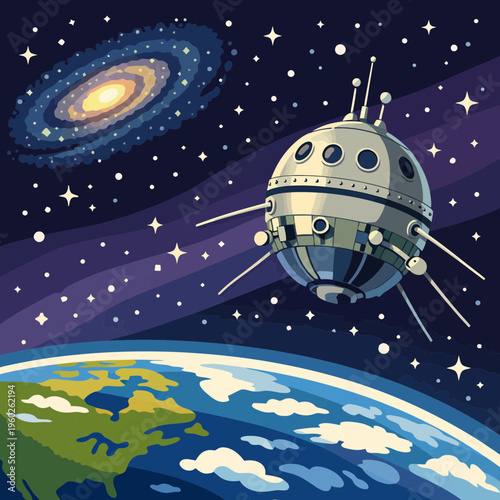 Flat vector illustration of a vintage spherical spacecraft orbiting Earth with stars and galaxy background