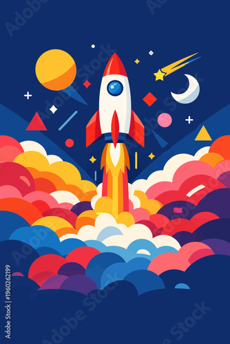 Conceptual vector of a rocket launch with colorful smoke clouds and geometric shapes in flat style