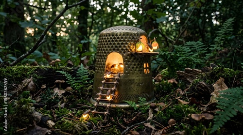 A serene miniature house with lit windows and staircase in a forest setting