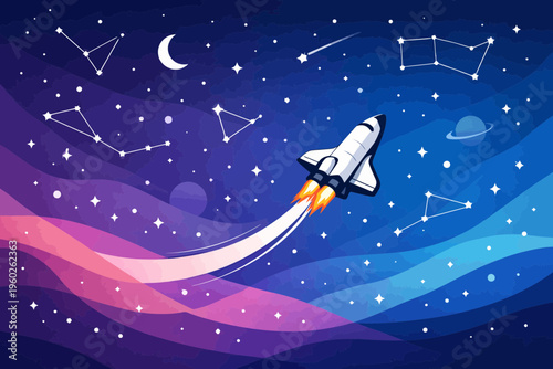 Abstract cosmic background with stars constellations and a flying shuttle in minimalist vector art
