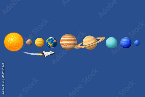 Illustration of the solar system with planets in a row and a small spaceship traveling through