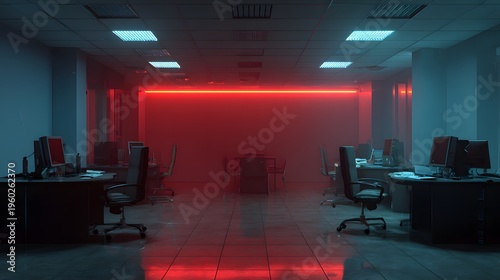 Eerie Office Interior with Red Neon Lighting and Fog.