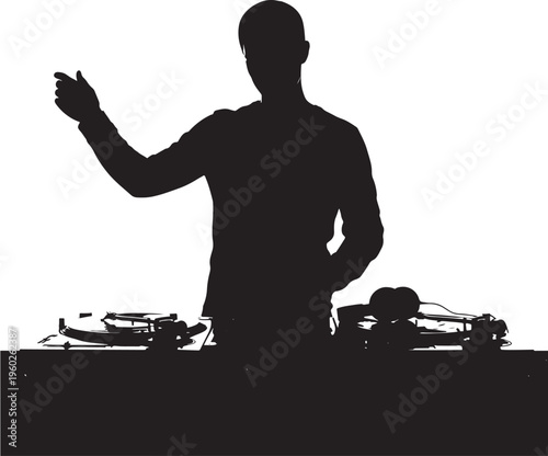 Silhouette of a dj performing with turntables and headphones on a white background