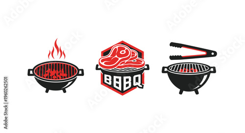 BBQ grill icons with meat, flames, and tongs on white background