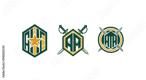 Three Emblematic Logos with Swords and Star, Hexagon and Circle Design