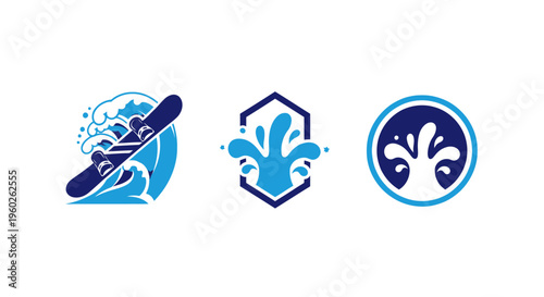 Set of water sport logos: snowboard on wave, abstract splash, circular splash icon