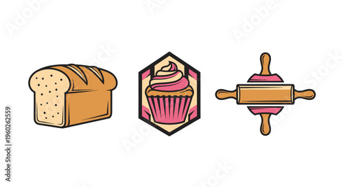 Bakery Icons: Bread Loaf, Cupcake Emblem, and Rolling Pin on White Background
