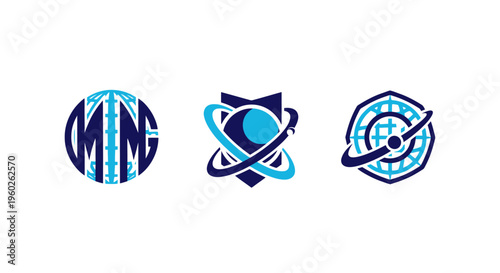 Modern Abstract Logos: Globe, Orbiting Planet, Navigational Compass Designs