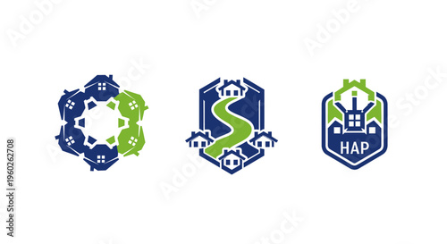 Real Estate Logo Concepts: Houses, Road, Hexagon, Circle, Emblem