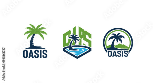 Oasis Logo Designs: Palm Tree, Water, and Hexagon Icons