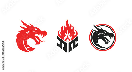 Dragon Logos: Red Fierce Dragon Head, Fire Emblem, and Black Dragon Circle Emblem