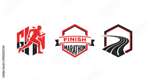 Running Marathon Finish Line Logo Set - Silhouette, Road, Hexagon Icons