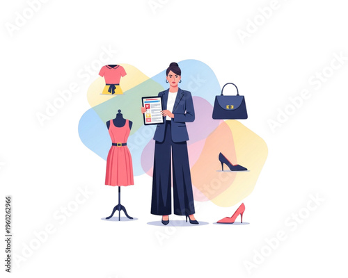 Fashion businesswoman managing online boutique catalog on tablet, women clothing and accessories shopping concept, digital retail merchandising, ecommerce style store illustration