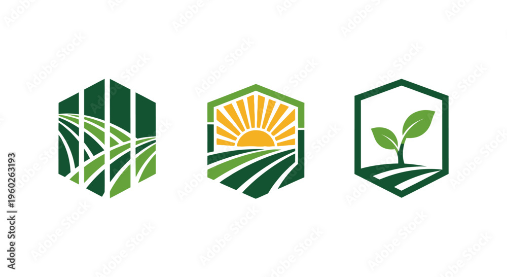 Obraz premium Agriculture Icons Set: Fields, Sun, Seedling in Hexagon Frames - Vector Graphics