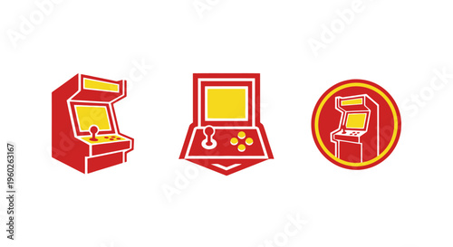 Retro arcade game machine icons: upright, tabletop, and circular emblems.