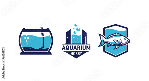 Aquarium Hobby Logo Collection: Fish Tank, Emblem and Fish Icon
