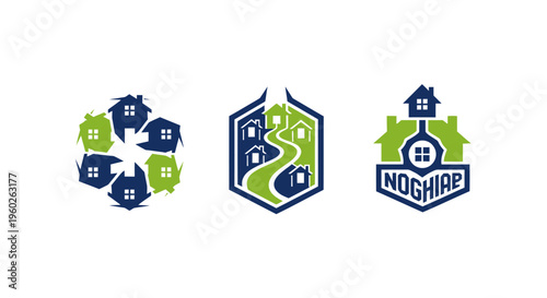 Set of 3 Real Estate Logos: Houses, Community, Neighborhood, Home, Property