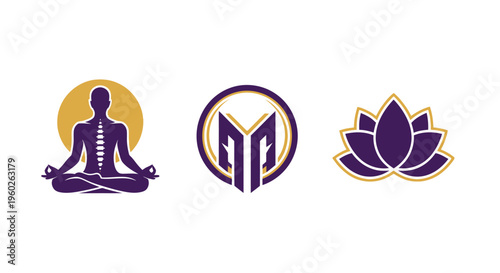 Meditation, Spine Health, Lotus Flower Icons: Yoga, Wellness, Balance