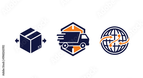 Logistics Icons: Package, Delivery Truck, Global Network - Shipping and Delivery Concept