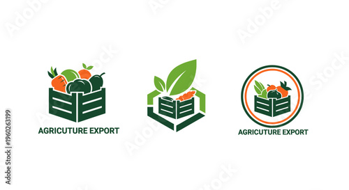 Agriculture Export Logos: Fruit Crates and Green Leaves