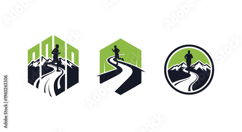 Runner on Mountain Trail Logo Set: Hexagon and Circle Designs
