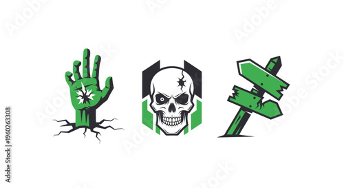 Zombie Hand, Skull Icon, and Directional Sign - Horror/Gaming Graphic Elements