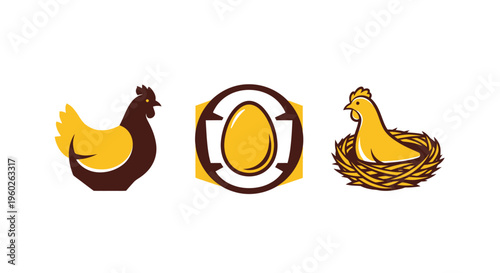 Chicken and Egg Icons Set: Farm Animal, Nest, and Geometric Egg Symbol