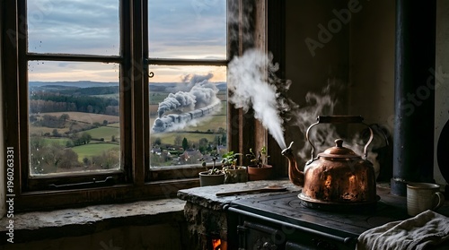 A serene mountain landscape viewed through a window beside a steaming kettle on a stove